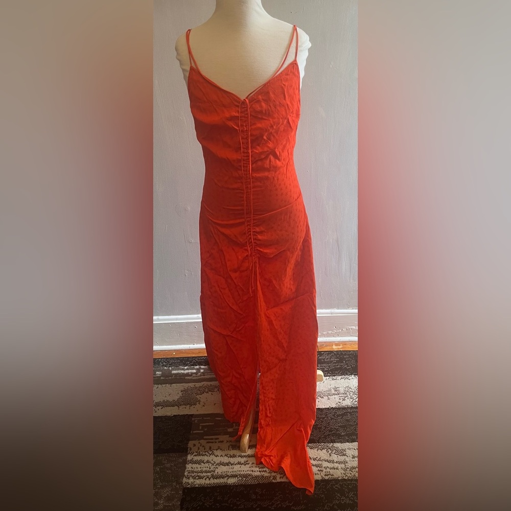 TOPSHOP Women’s Jacquard Ruched Slip Dress Maxi Asymmetrical Hem Red Size 6 - Picture 2 of 7